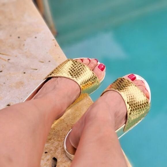 Women's Gold Metallic Open Toe Slip on Sandals - Picture 4 of 4